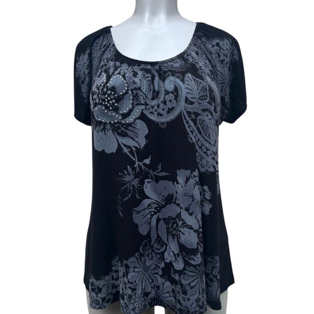 VS Collection Top Women's Large Blouse Black Gray Floral Embellished Rayon Blend